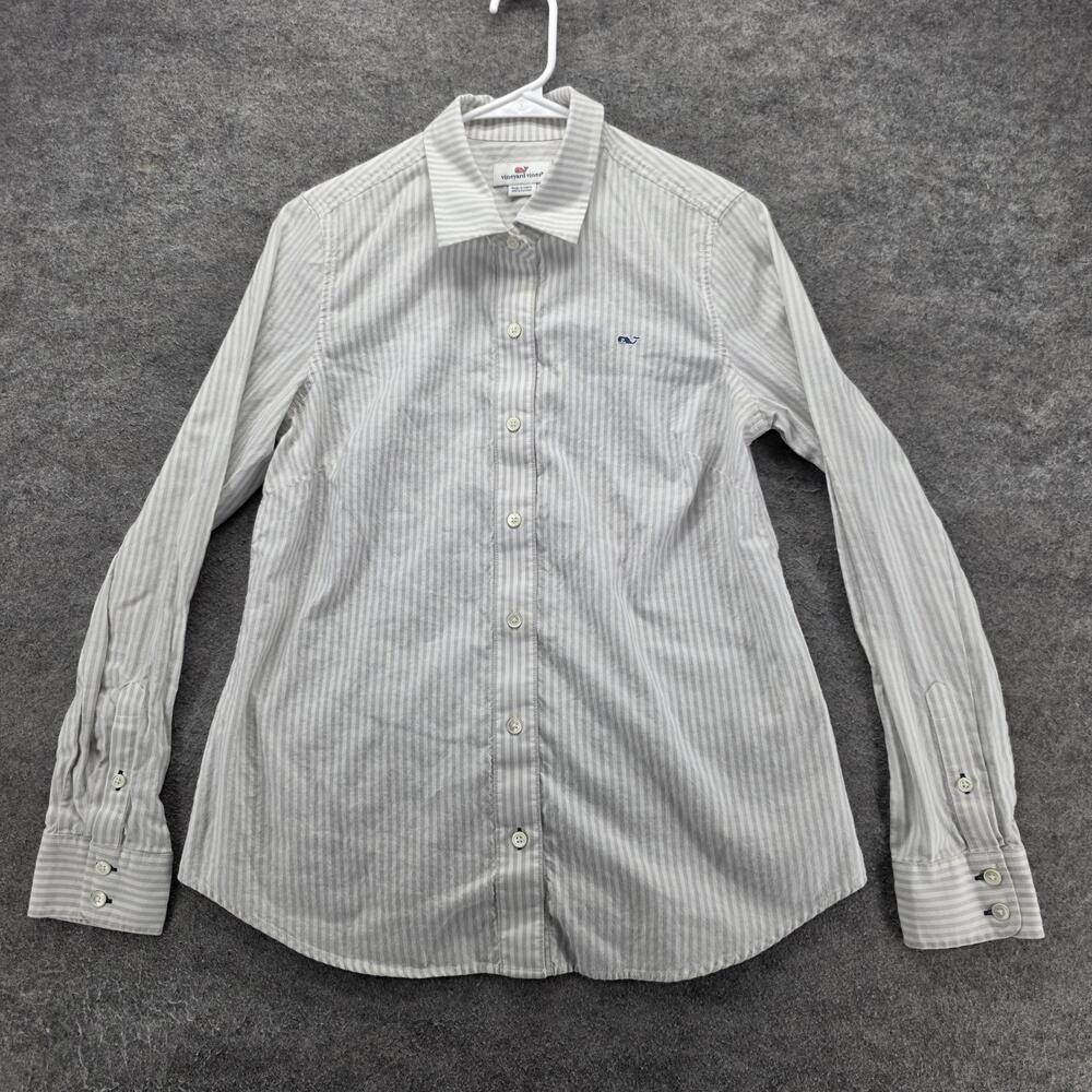 Vineyard Vines Button-Up Womens 8 White Striped Collared Long Sleeve Embroidered